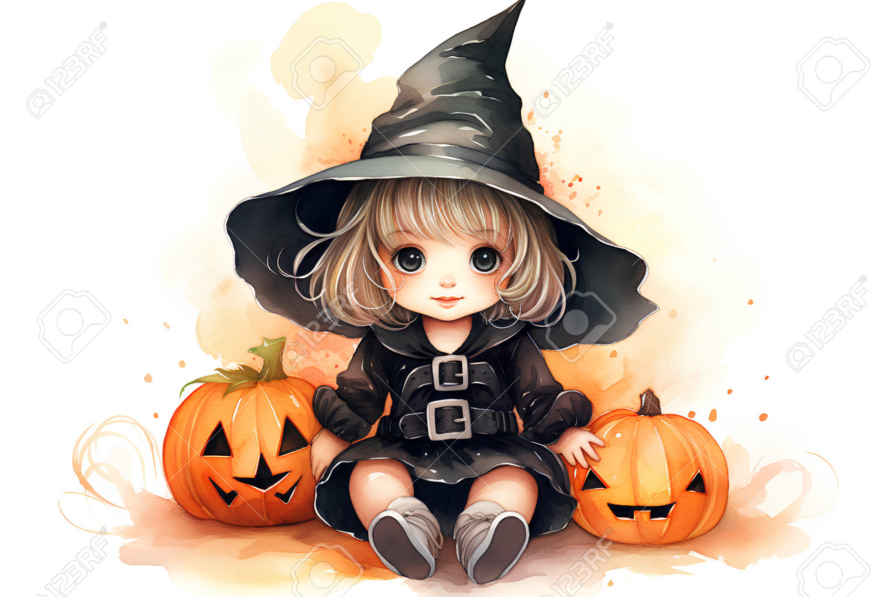 カボチャと魔女の衣装を着たかわいい女の子。ハロウィーンのイラスト