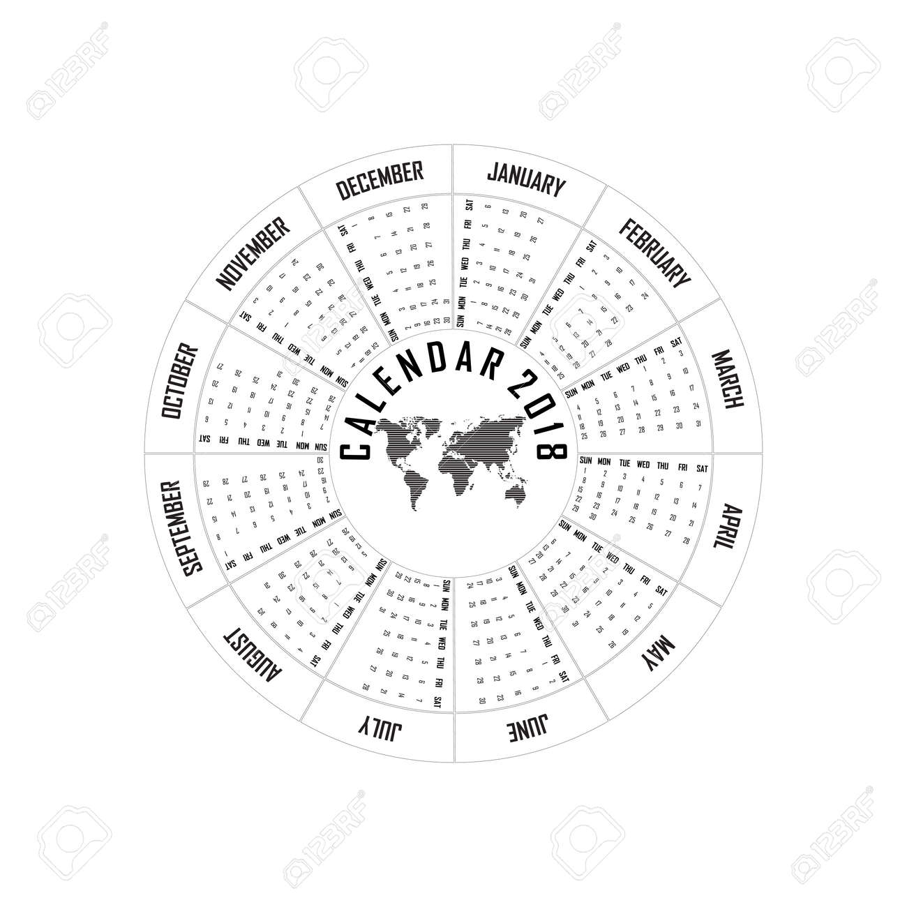 2018 Calendar Template.Circle Calendar Template.Calendar 2018 Set Of 12  Months.Starts From Sunday.Vector Illustration. Royalty Free SVG, Cliparts,  Vectors, and Stock Illustration. Image 89252508.