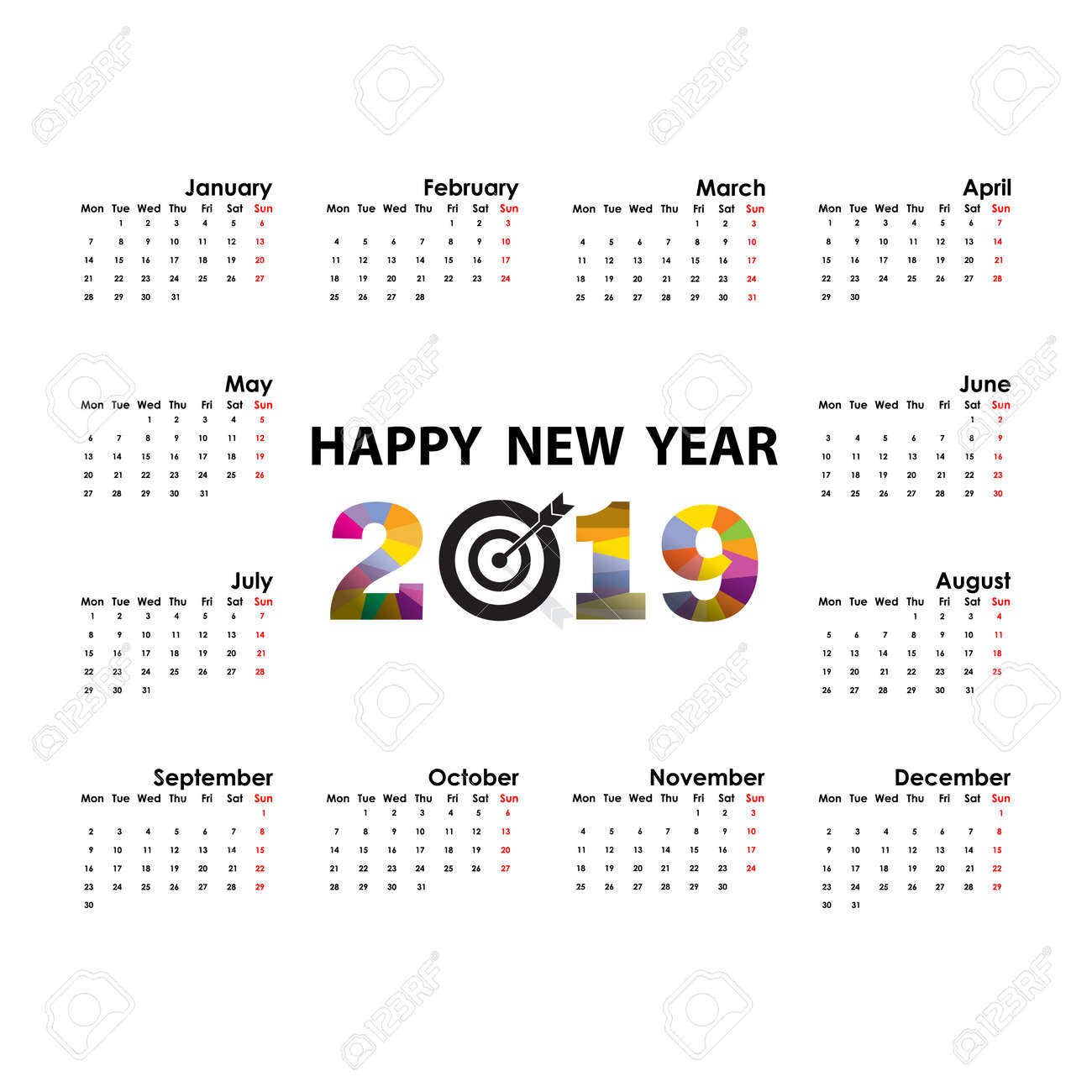 2019 calendar template starts monday yearly calendar vector design yearly calendar template