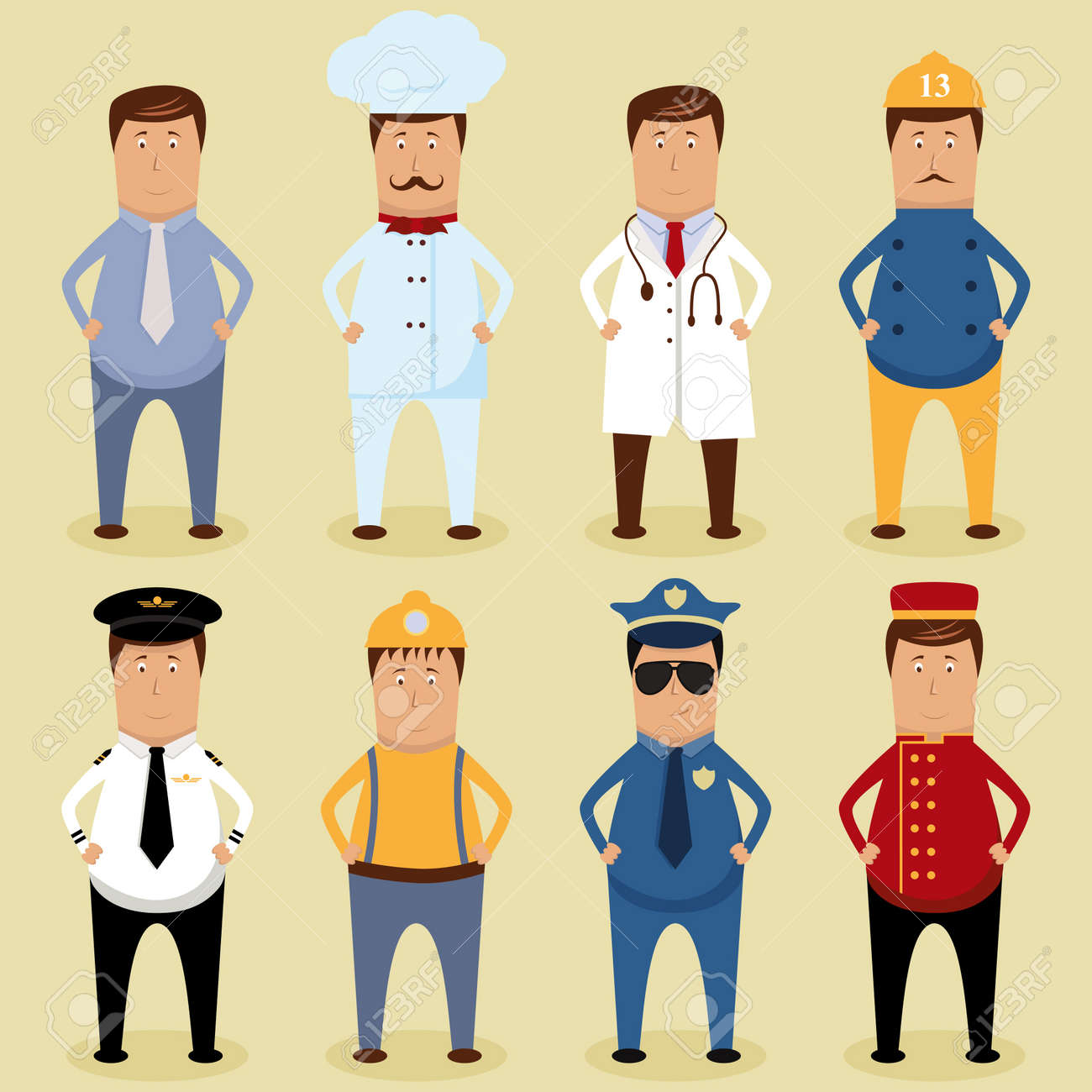 Vector worker set - ofice worker, chef, doctor, fireman, pilot, carpenter, policeman, porter - 12772578 Vector worker set - ofice worker, chef, doctor, fireman, pilot, carpenter, policeman, porter - 12772578
