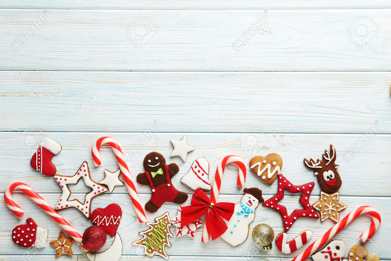 Christmas cookies on a blue wooden table - 48928686 Christmas cookies on a blue wooden table - 48928686