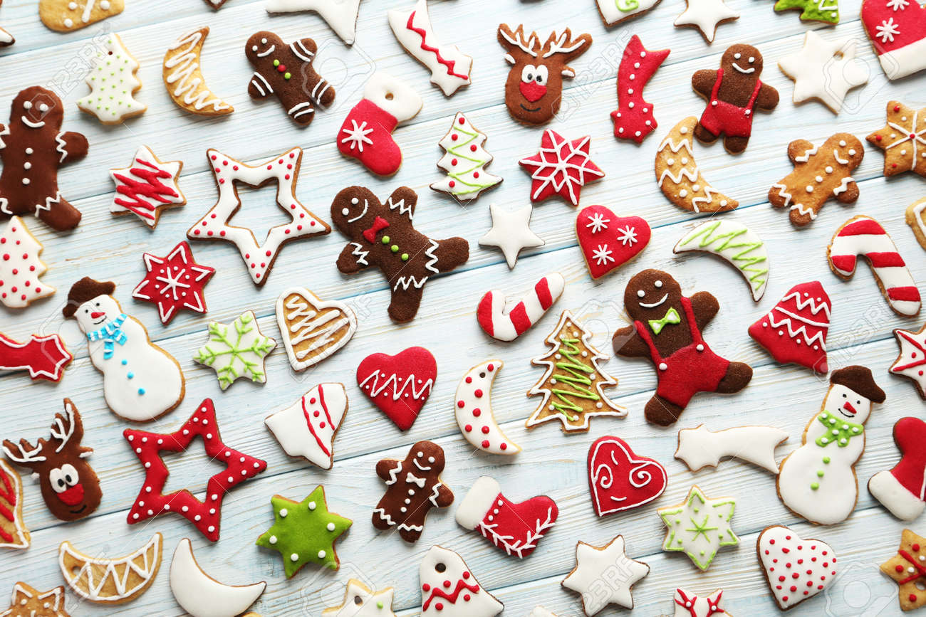 Christmas cookies on a blue wooden table - 48928999 Christmas cookies on a blue wooden table - 48928999
