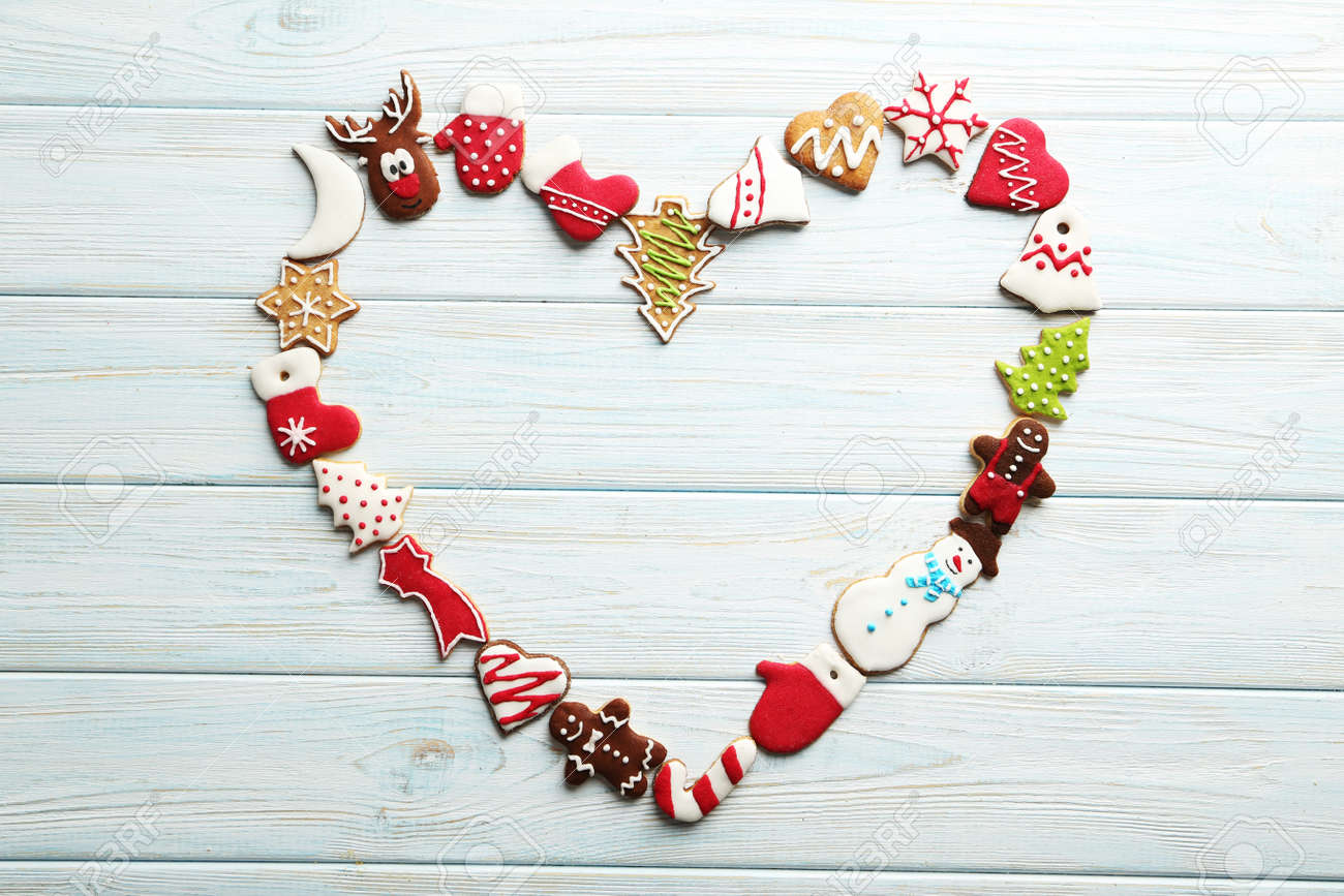 Christmas cookies on a blue wooden table - 48929318 Christmas cookies on a blue wooden table - 48929318