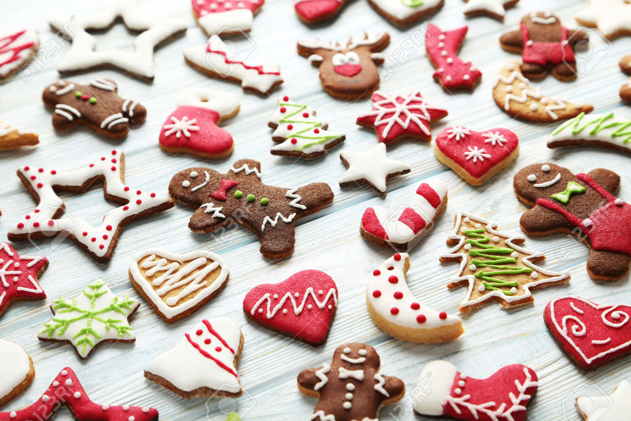 Christmas cookies on a blue wooden table - 49304966 Christmas cookies on a blue wooden table - 49304966