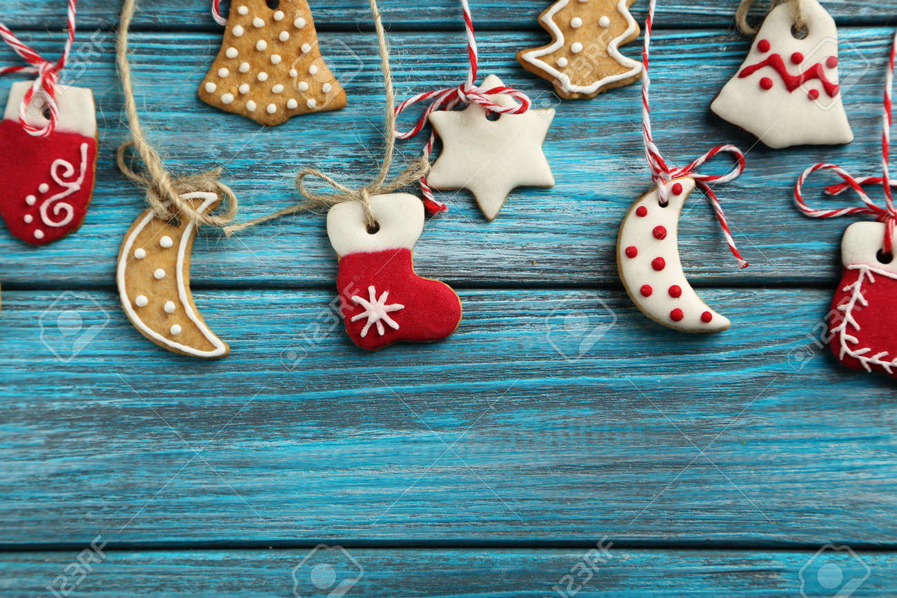 Christmas cookies on a blue wooden table - 49304134 Christmas cookies on a blue wooden table - 49304134
