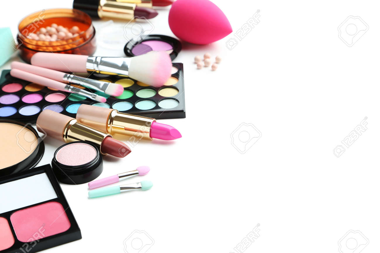 Verschiedene Make-up Kosmetik Auf Weißen Hintergrund Lizenzfreie Fotos,  Bilder Und Stock Fotografie. Image 71424314.