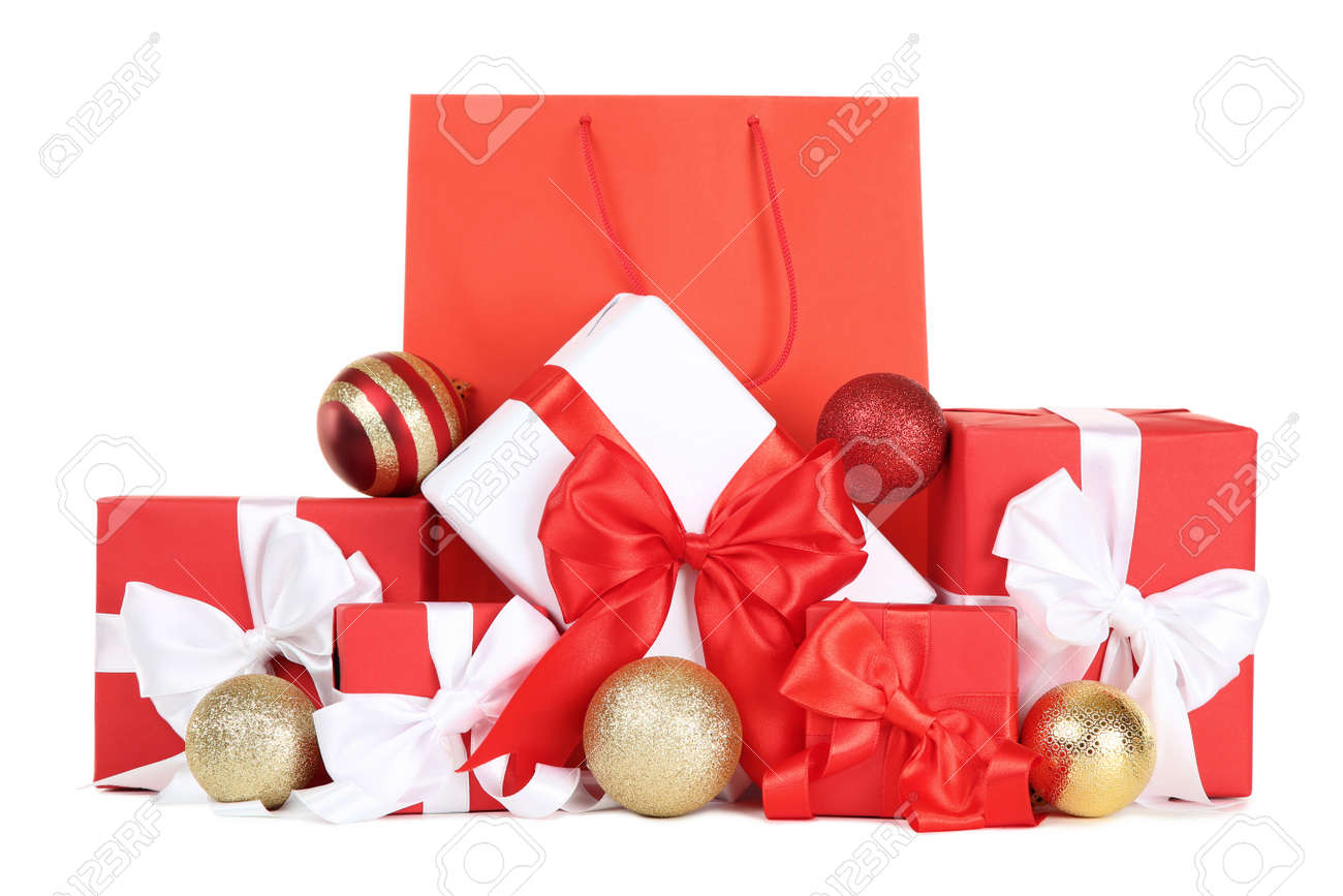 Shopping bag with gift boxes and christmas baubles on white background - 113135890 Shopping bag with gift boxes and christmas baubles on white background - 113135890