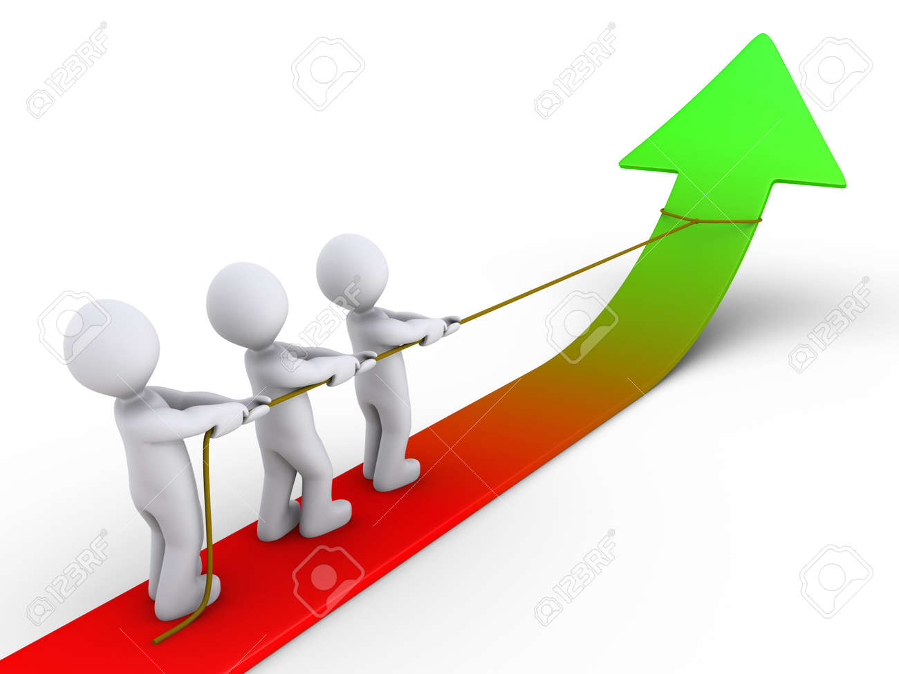 Three 3d people are pulling arrow upwards with rope - 16596579 Three 3d people are pulling arrow upwards with rope - 16596579