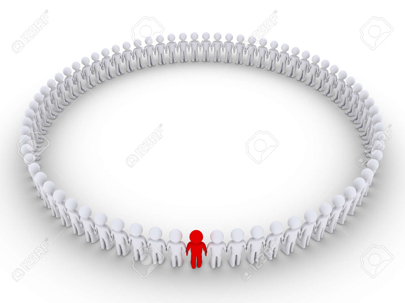 3d people form a very big circle but one is of different color stock
