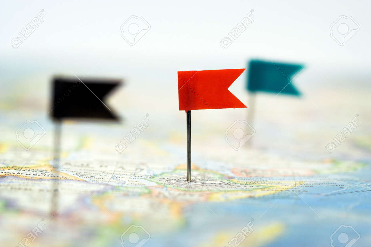 some color flag pins on map shallow focus stock photo picture and
