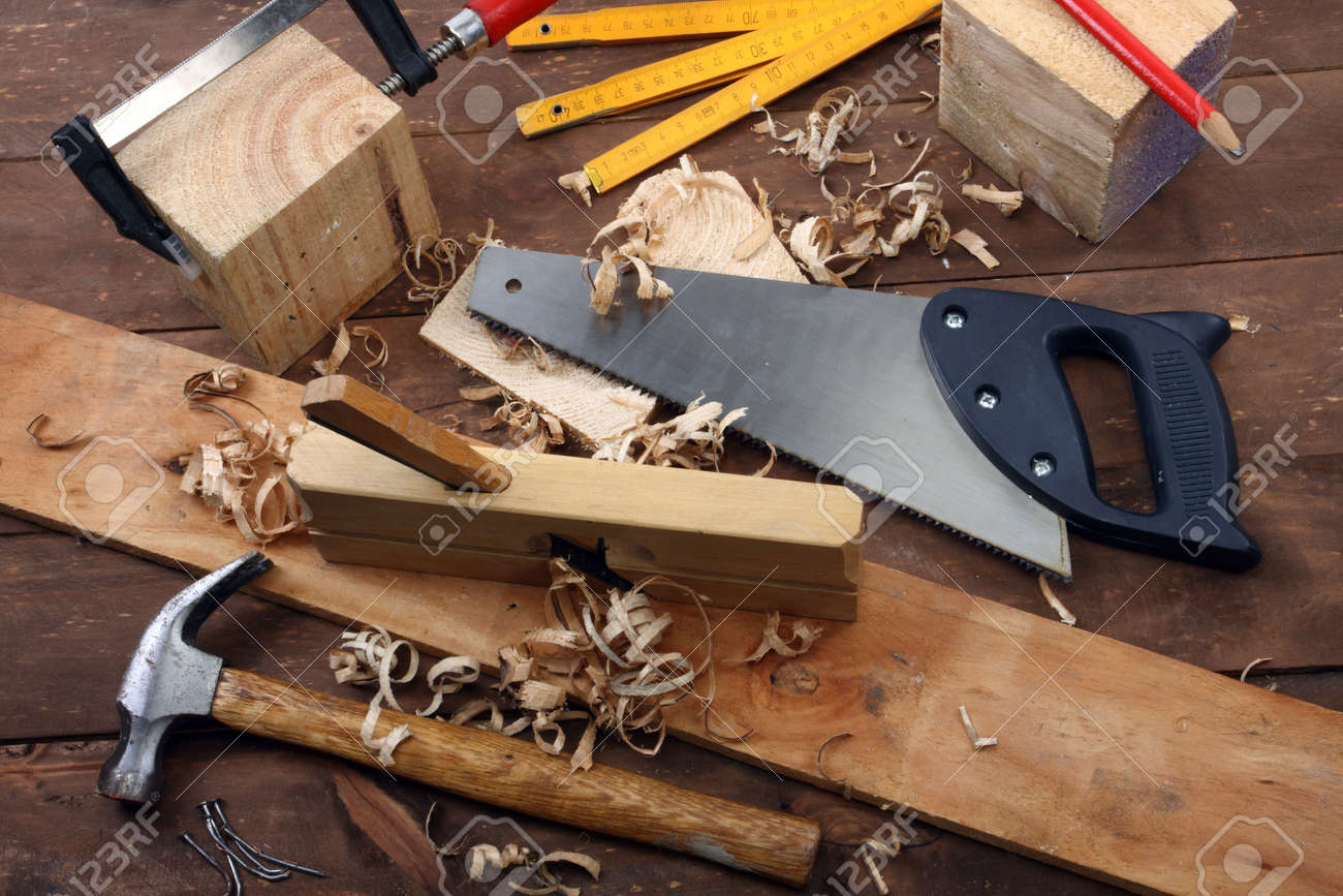 carpenter s tools on a workbench stock photo picture and royalty