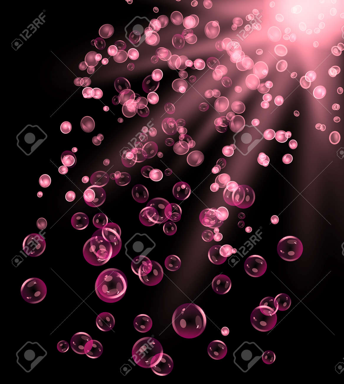 イラスト多くのピンクの空気泡の表面への水の黒体の深さから上昇を描いたします の写真素材 画像素材 Image