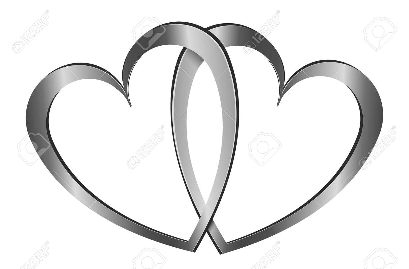 ホワイト上に配置 2 つのゴールド シルバー ハートを描いたイラスト の写真素材 画像素材 Image