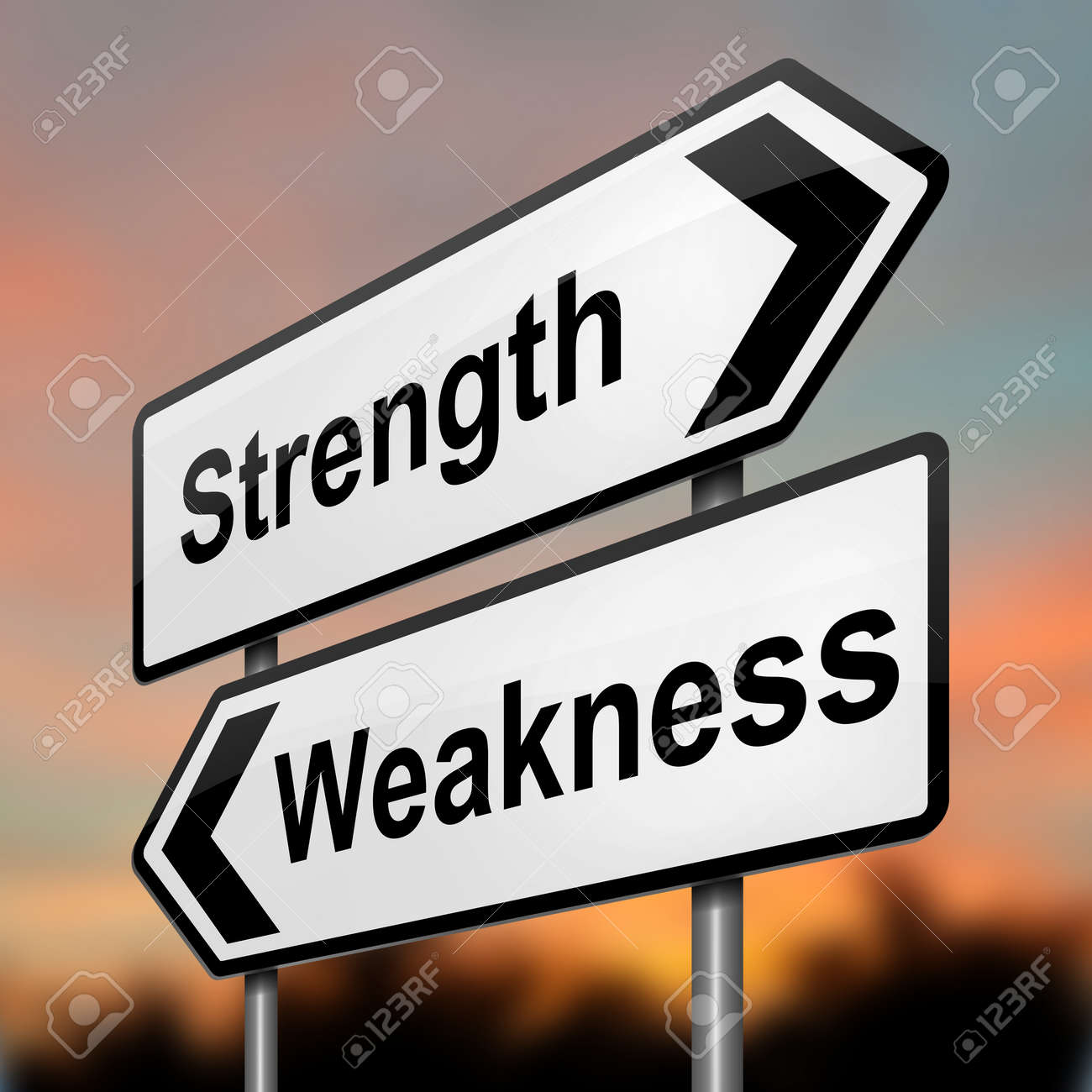 Illustration depicting a roadsign with a strength and weakness concept. Blurred dusk background. - 15428198 Illustration depicting a roadsign with a strength and weakness concept. Blurred dusk background. - 15428198