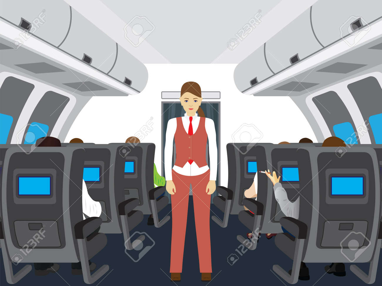 passengers and stewardess on the plane interior of salon of