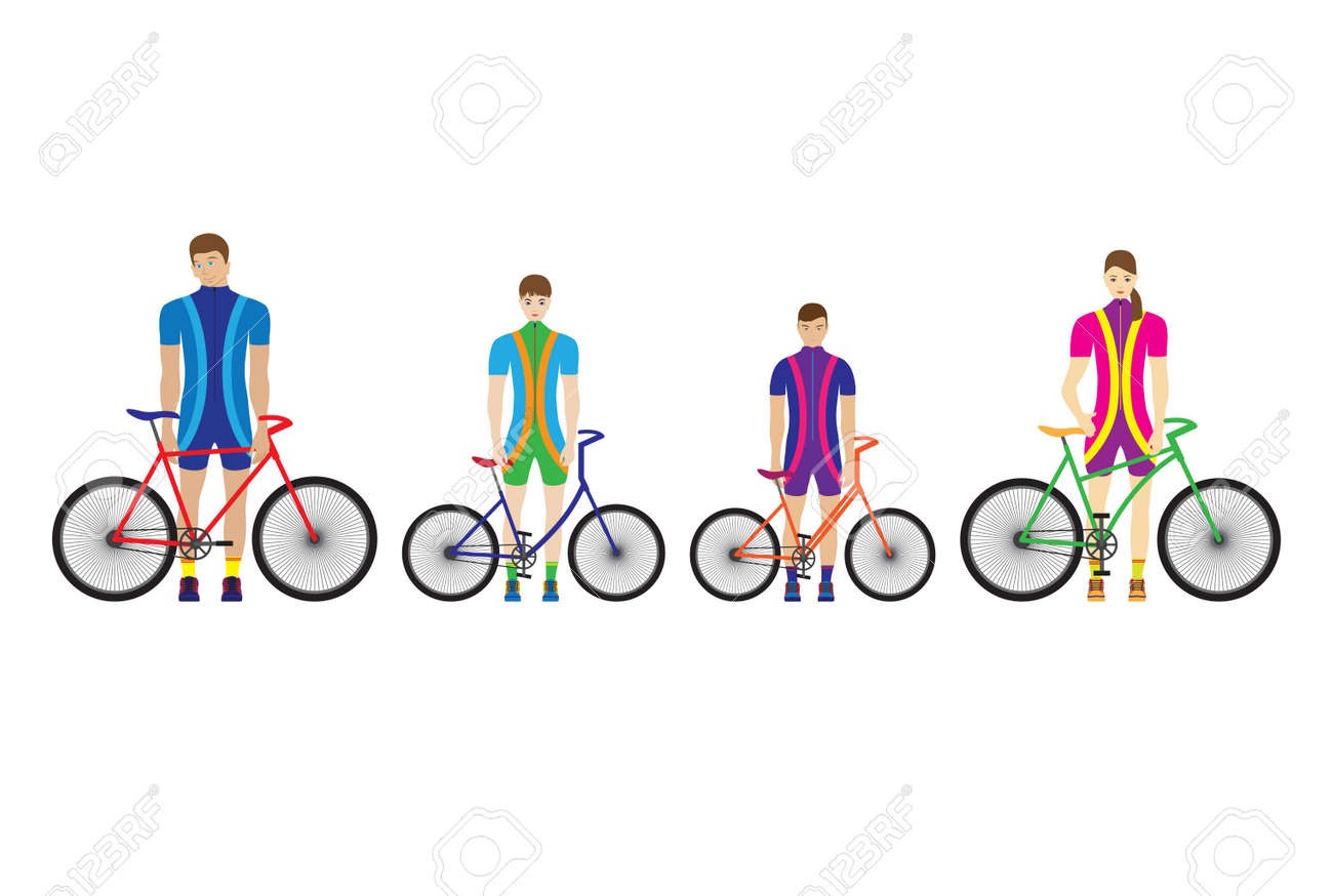 Father, mother and children stand with bicycles. Sport family. - 125360313 Father, mother and children stand with bicycles. Sport family. - 125360313