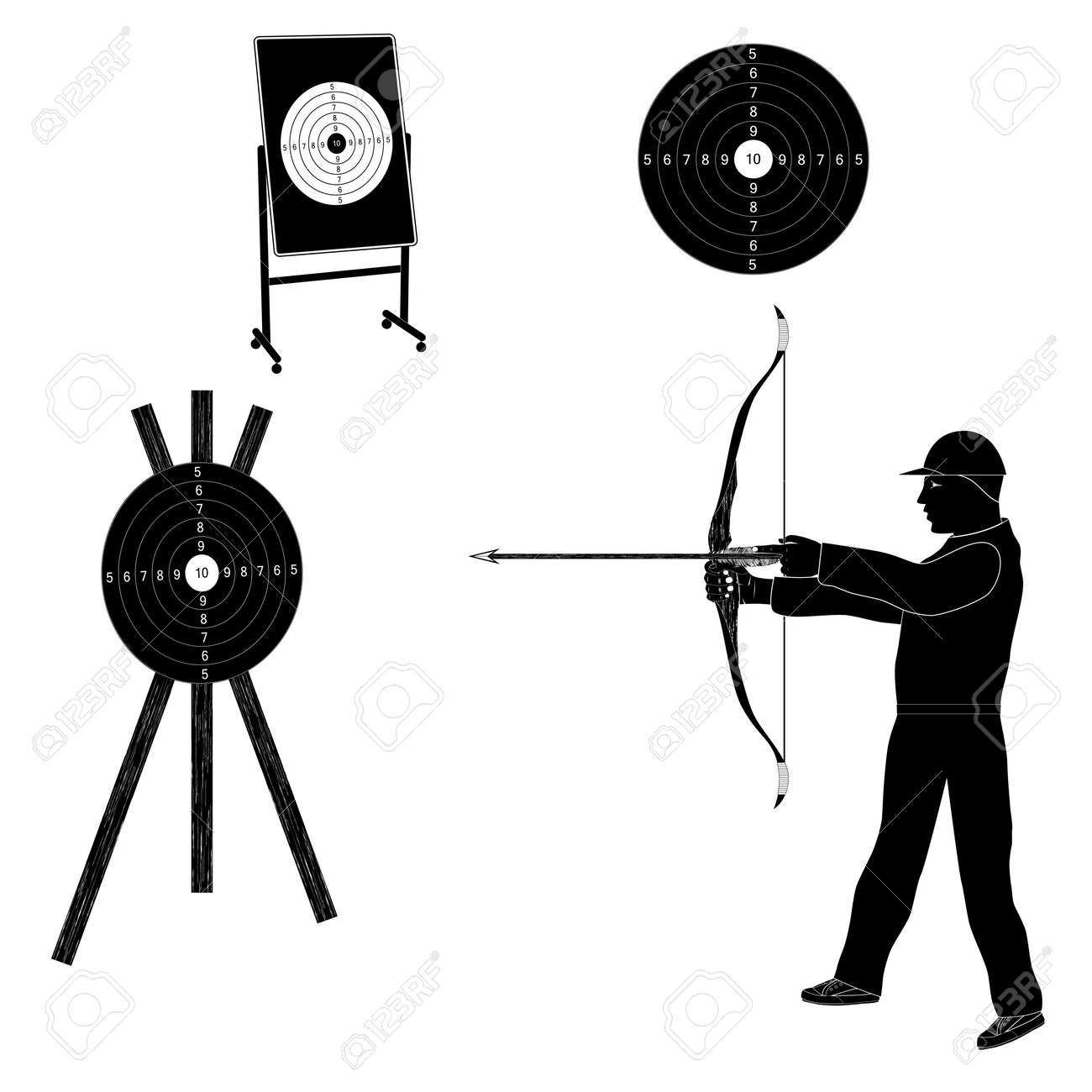 Shooter with bow and target. Black silhouette. Sports archery. - 124643211 Shooter with bow and target. Black silhouette. Sports archery. - 124643211