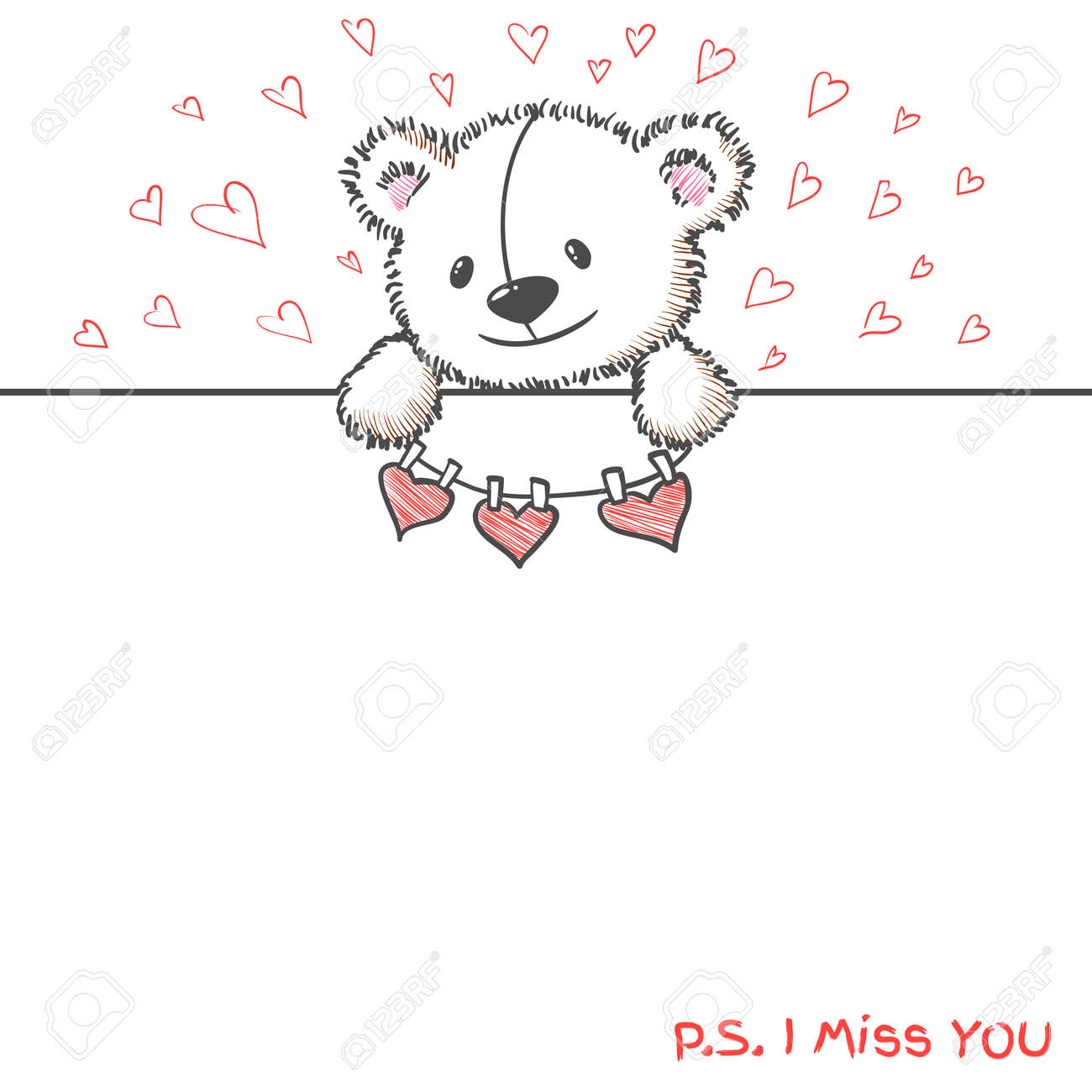 Romantic Banner With Hand Drawn Cute Bear Holding Hearts I