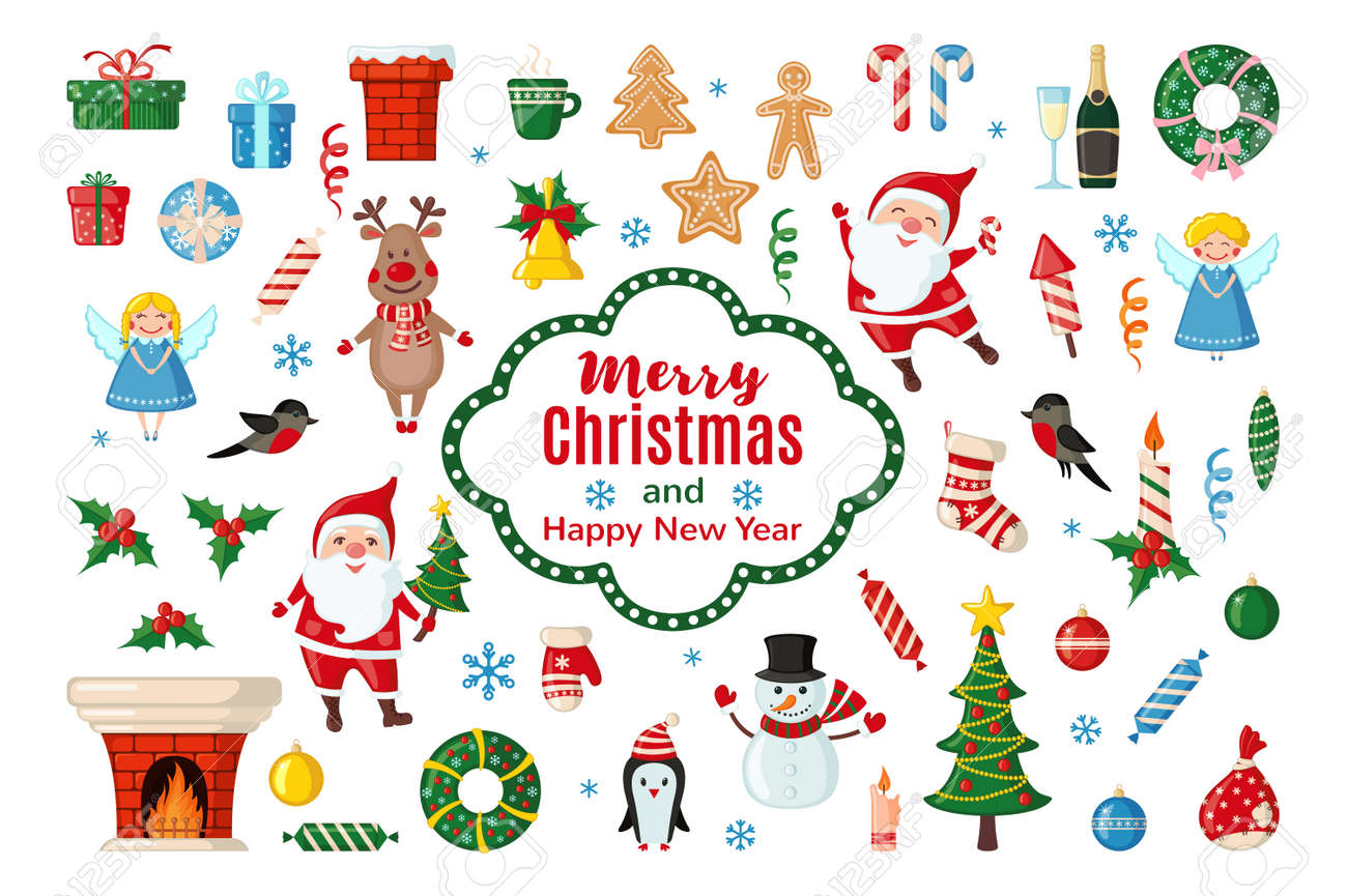 白い背景で隔離のフラット スタイルでクリスマスとお正月のアイコンの大きなセット ベクトルの図 伝統的なクリスマスのシンボル のイラスト素材 ベクタ Image