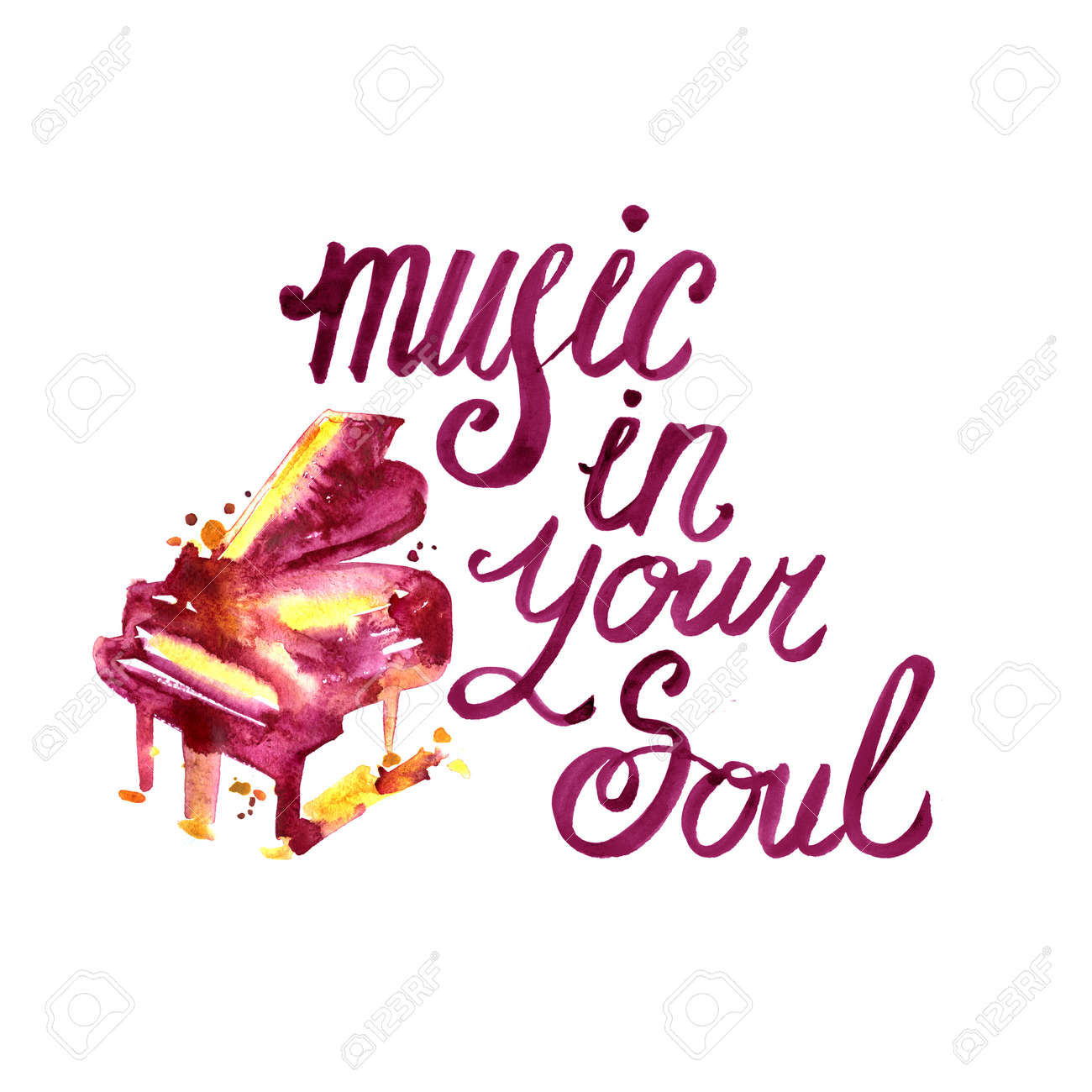 明るい水彩ピアノとレタリング 白のあなたの魂の音楽のイラスト の写真素材 画像素材 Image