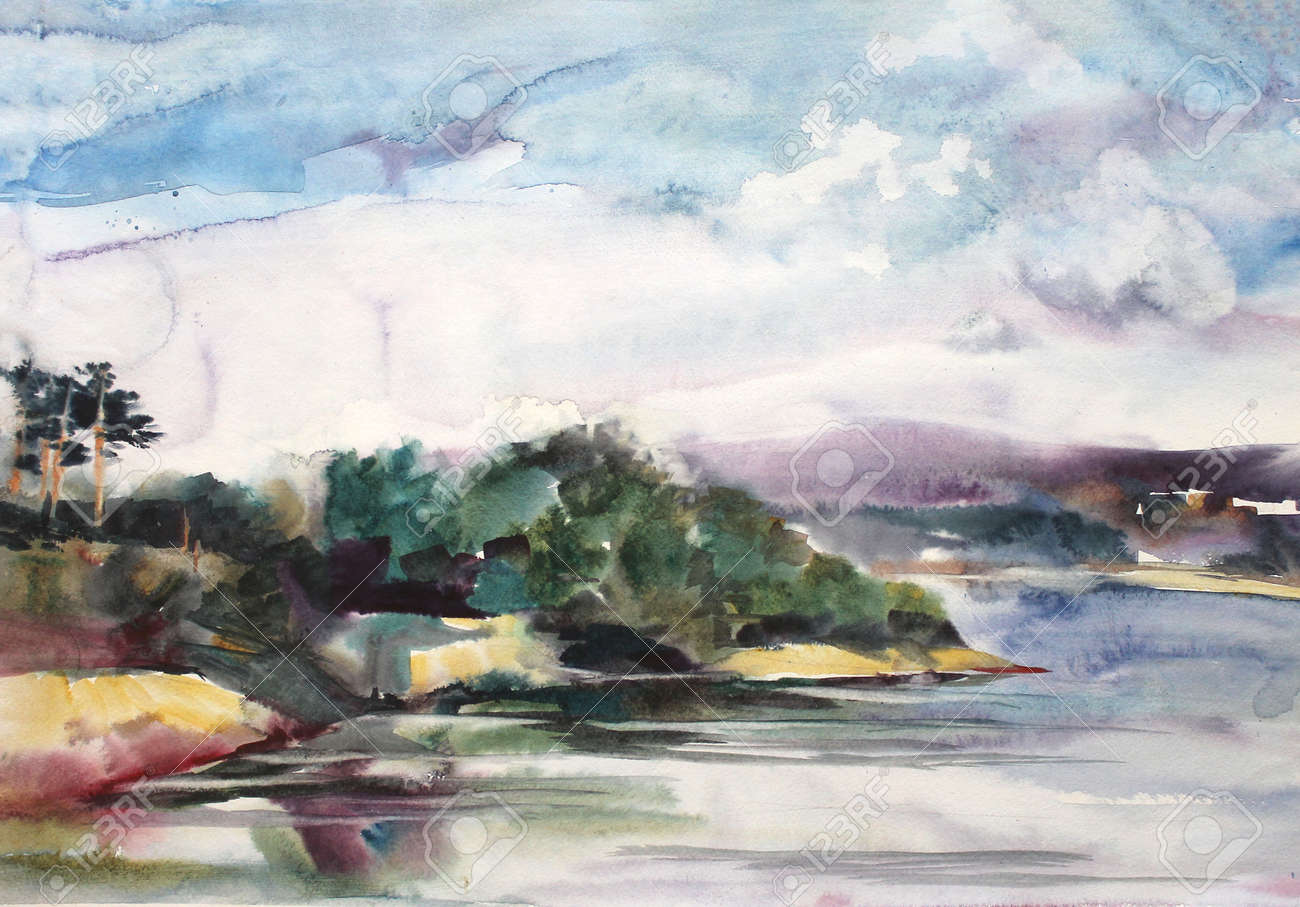 Abstract Watercolor Landscape With River Hand Drawn Illustration Stock Photo Picture And Royalty Free Image Image