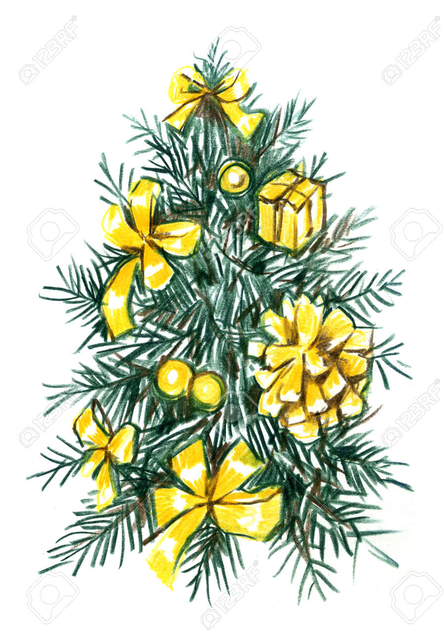 Christmas Tree With Balls Hand Drawn Llustration Pencil Realistic