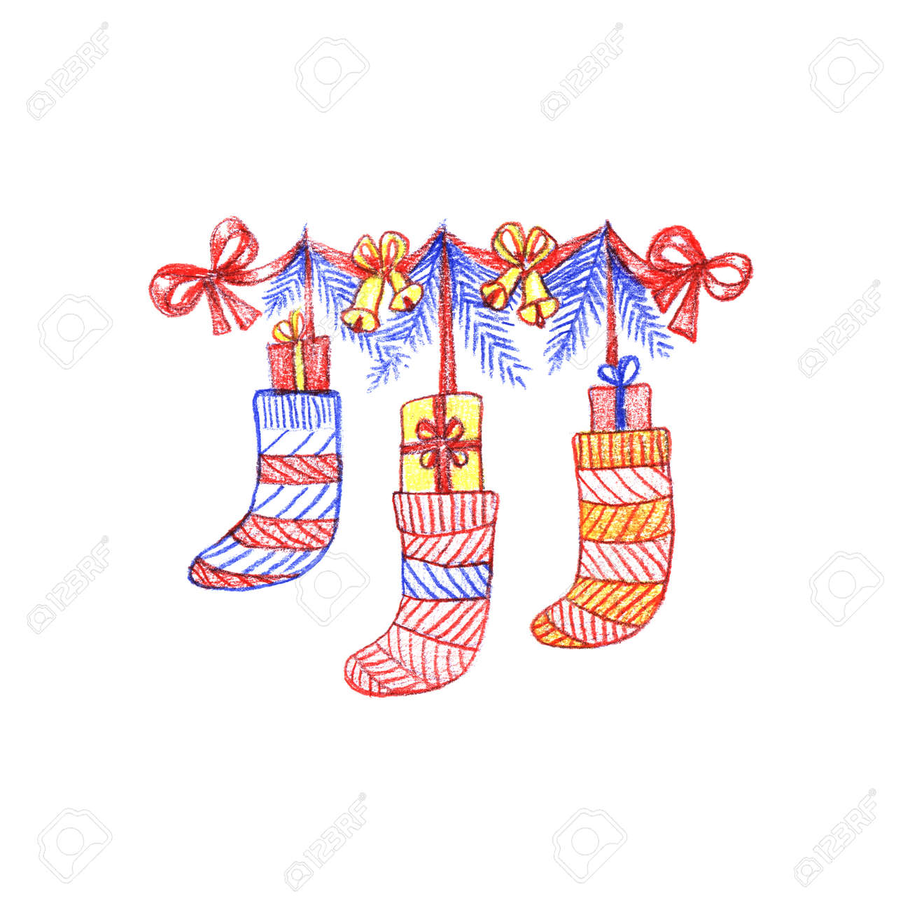 cute cartoon socks stockings hanging on a rope isolated decor