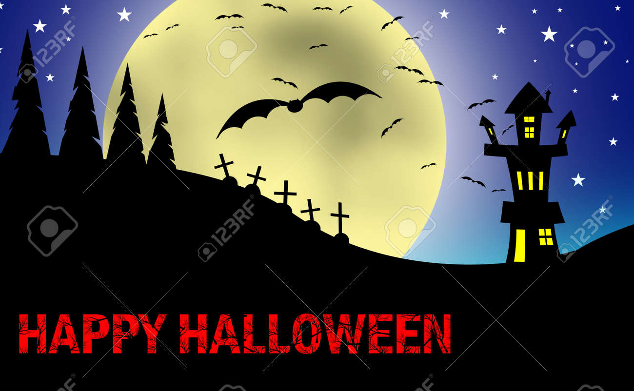 Halloween cartoon concept. Silhouette of a haunted house with graves and coniferous trees against the light of a full moon with a flock of flying bats. Red inscription at the bottom of the image. - 128179463 Halloween cartoon concept. Silhouette of a haunted house with graves and coniferous trees against the light of a full moon with a flock of flying bats. Red inscription at the bottom of the image. - 128179463