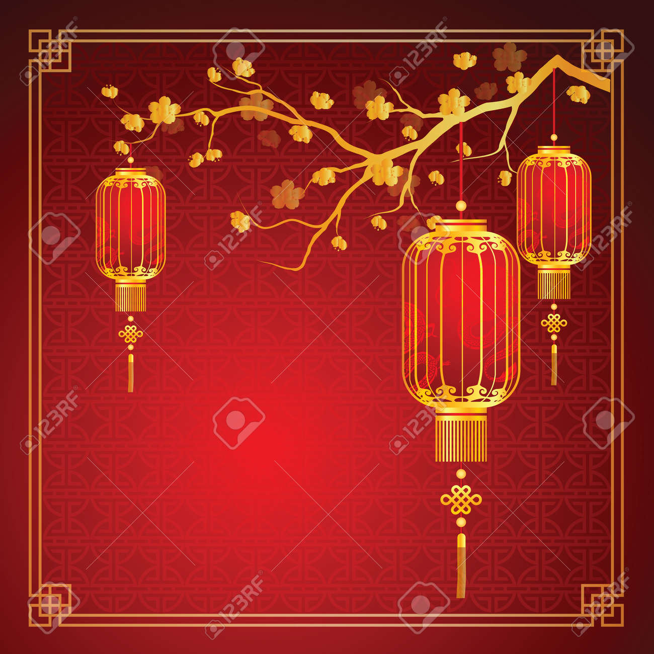 cherry blossom template with chinese lantern in chinese frame