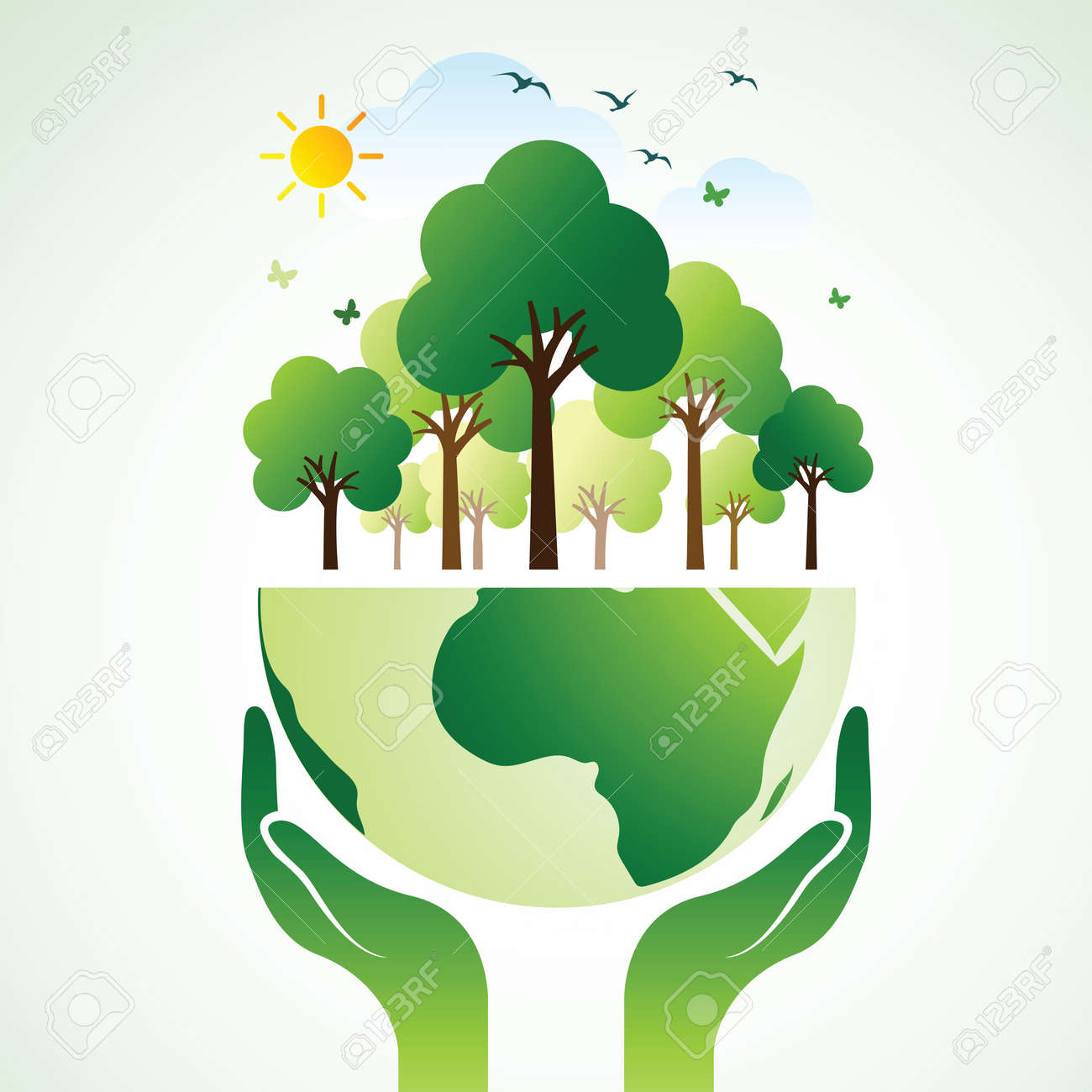 Hands Holding The Green Earth Globe With Tree Vector Illustration