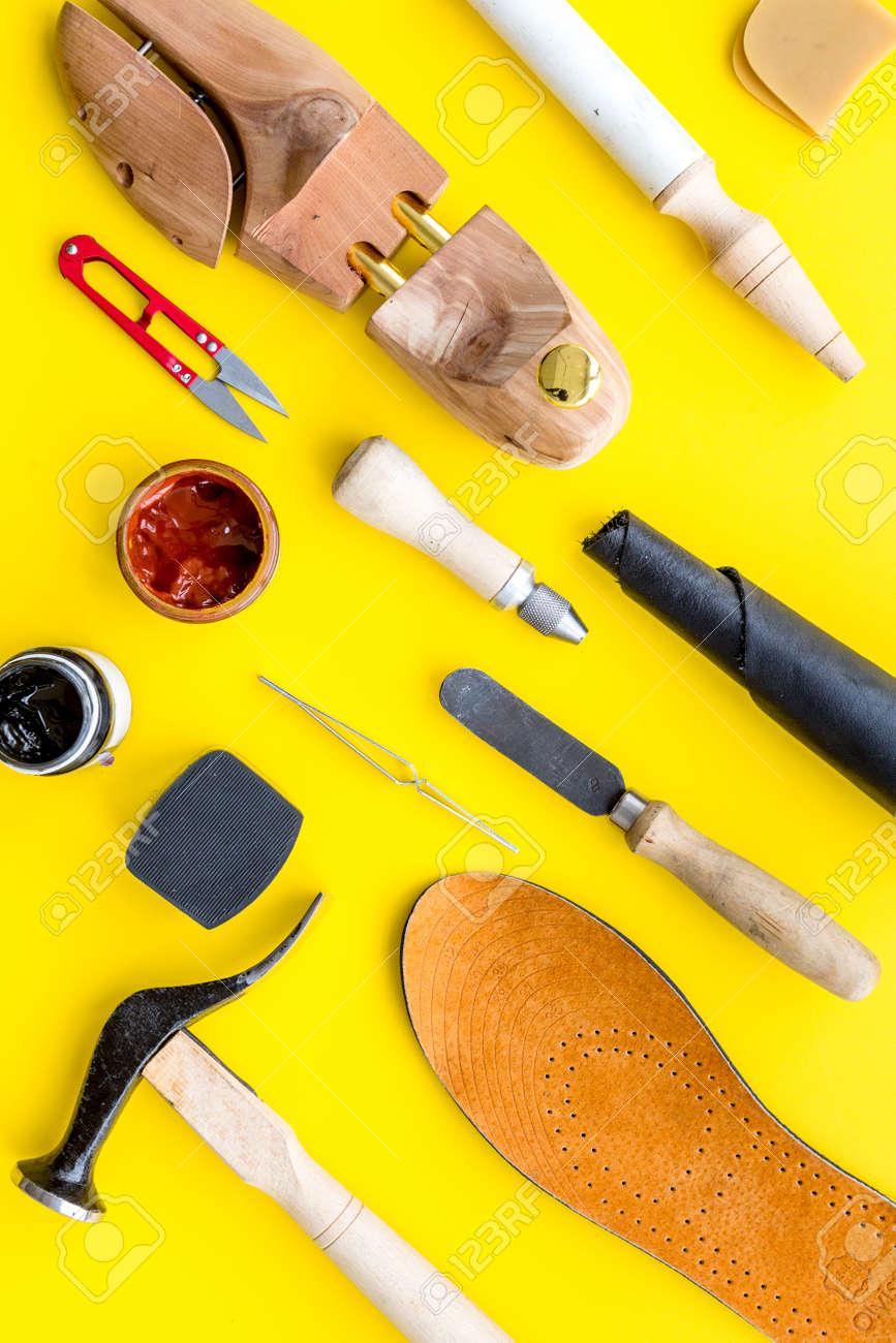 Instruments And Materials For Make Shoes. Shoemakers Work Desk