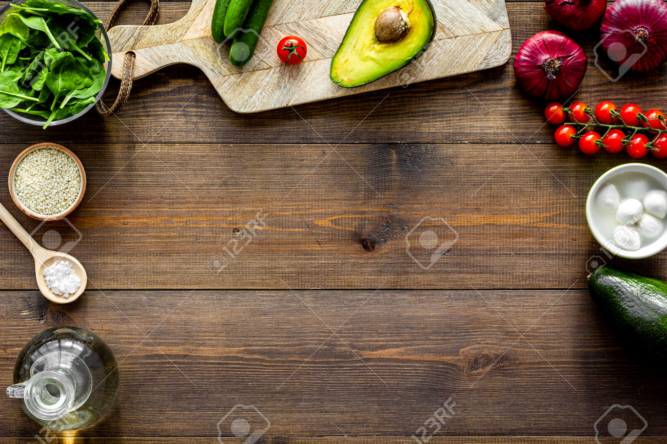 Ingredients For Fresh Vegetable Salad And Cutting Board On Dark Stock Photo Picture And Royalty Free Image Image 118698768