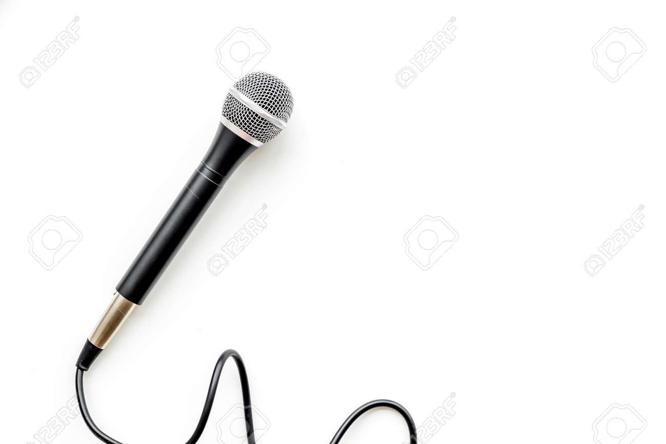 Download Microphone For Blogger Journalist Or Musician Work On White Office Table Background Top View Mock Up Stock Photo Picture And Royalty Free Image Image 119051265