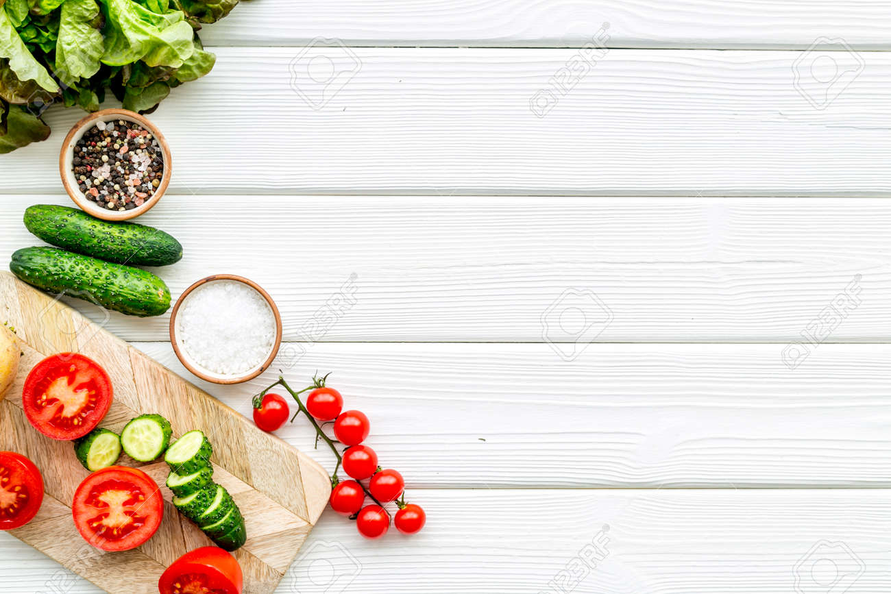 Download Cooking With Raw Vegetables On White Wooden Kitchen Background Stock Photo Picture And Royalty Free Image Image 119649868