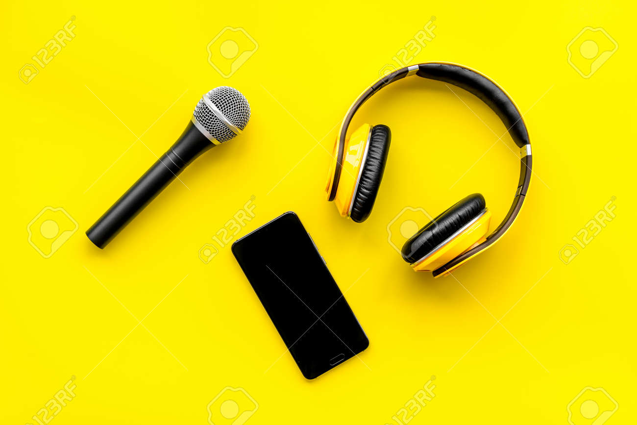 Download Microphone Headphones Mobile Phone For Blogger Journalist Stock Photo Picture And Royalty Free Image Image 119655792