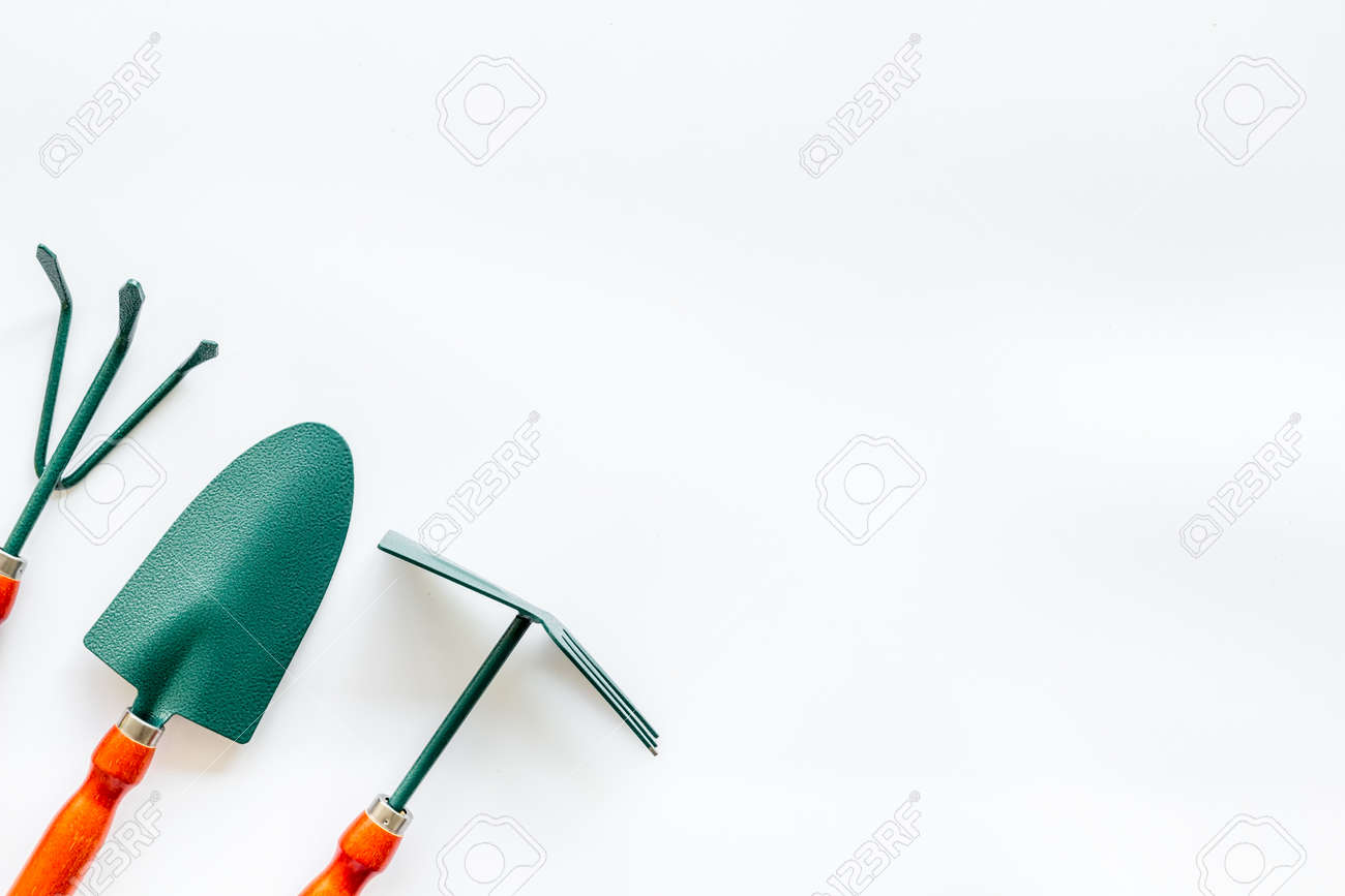Download Gardening Tools On White Background Top View Mockup Stock Photo Picture And Royalty Free Image Image 128106485