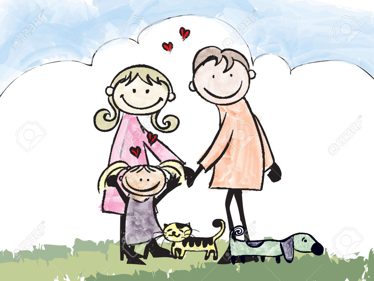 父 母 娘とペットの漫画イラストのイラスト素材 ベクタ Image