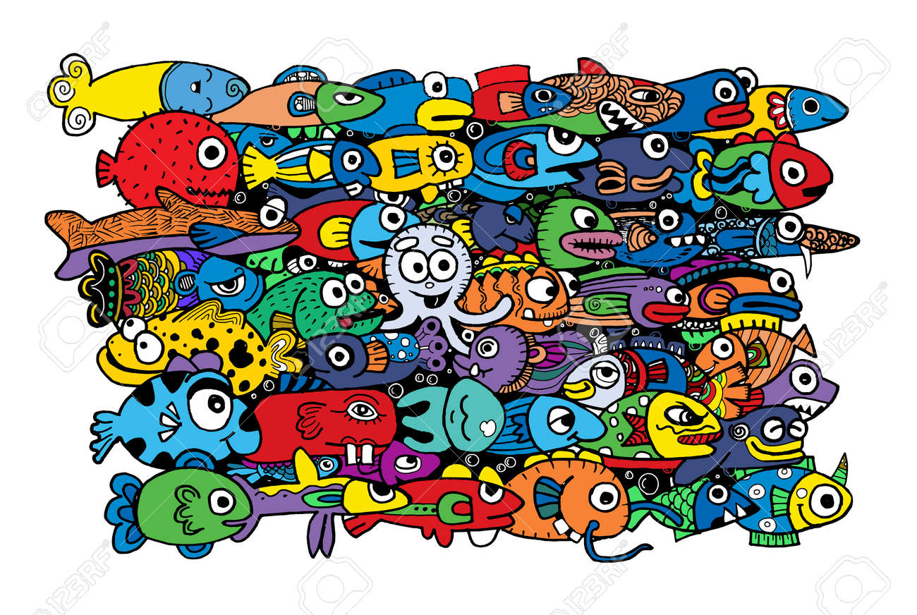 クレイジーかわいい海洋生物の落書き 落書きの描画スタイル ベクトル イラスト のイラスト素材 ベクタ Image