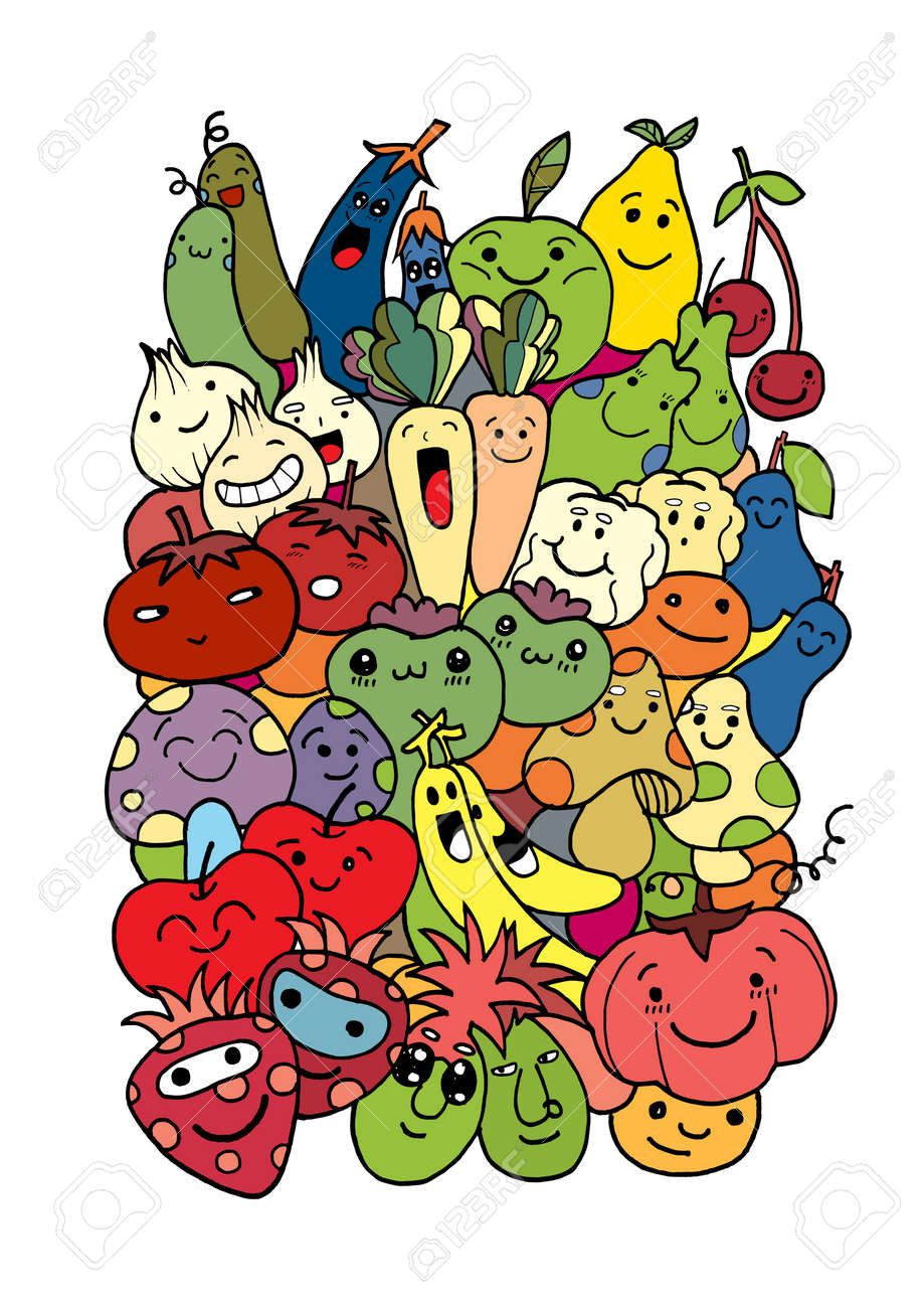 流行に敏感なフルーツ 野菜 背景 描画スタイル ベクトル イラストいたずら書き のイラスト素材 ベクタ Image