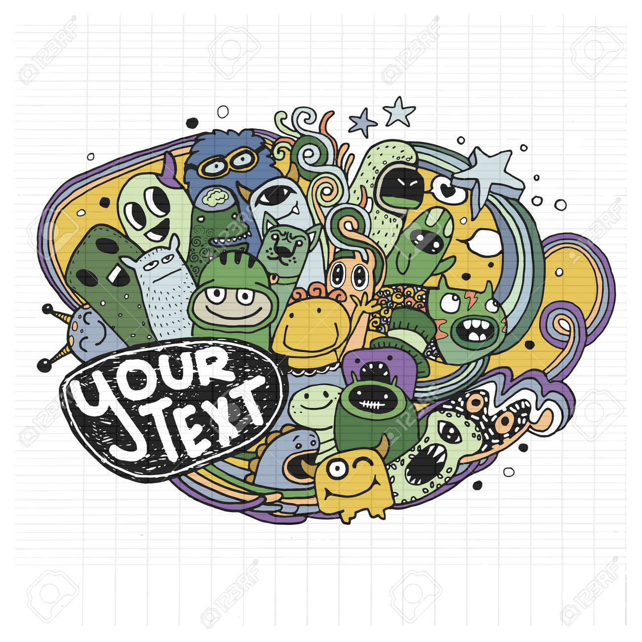 モンスターとかわいい外国人友好的なクールなかわいい手描きのモンスター コレクション 並んでスケッチ ブックの紙のイラストをノートの落書きのデザイン要素のベクトル イラスト のイラスト素材 ベクタ Image