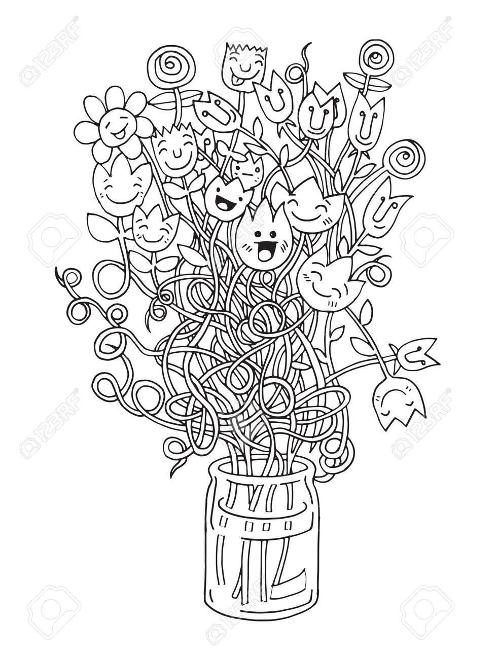 Main Hipster Attirée Fleurs Dans Un Vase Jeu De Griffonnage Le Dessin De Style Vector Illustration