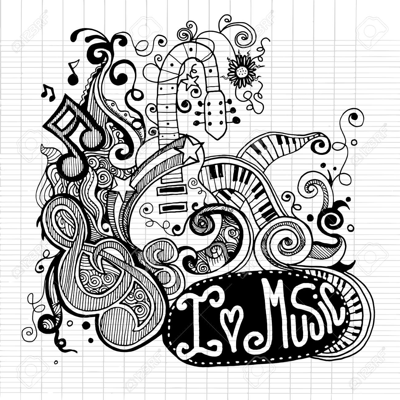 音楽スケッチ ノートの落書きや渦巻きベクトルの手描きイラストが大好きのイラスト素材 ベクタ Image