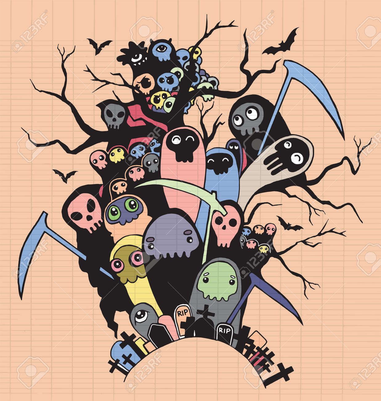手描きかわいい死スケルトン文字と鎌 ハロウィーン 落書きスタイルに適したなし ベクトルの図 のイラスト素材 ベクタ Image