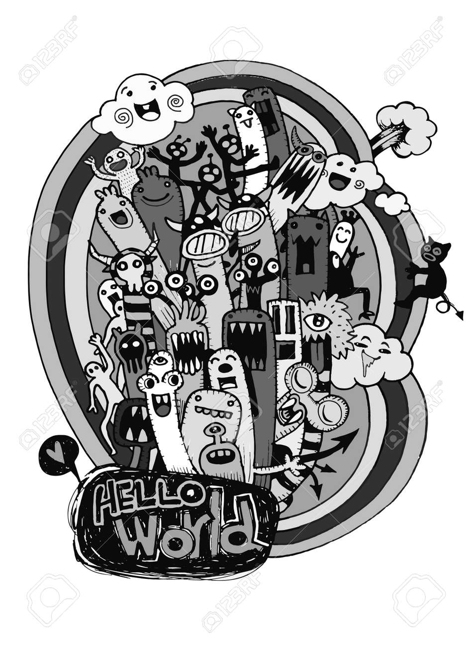 モンスターとかわいい外国人友好的なクールなかわいい手描きのモンスター グループのベクトル イラストのイラスト素材 ベクタ Image