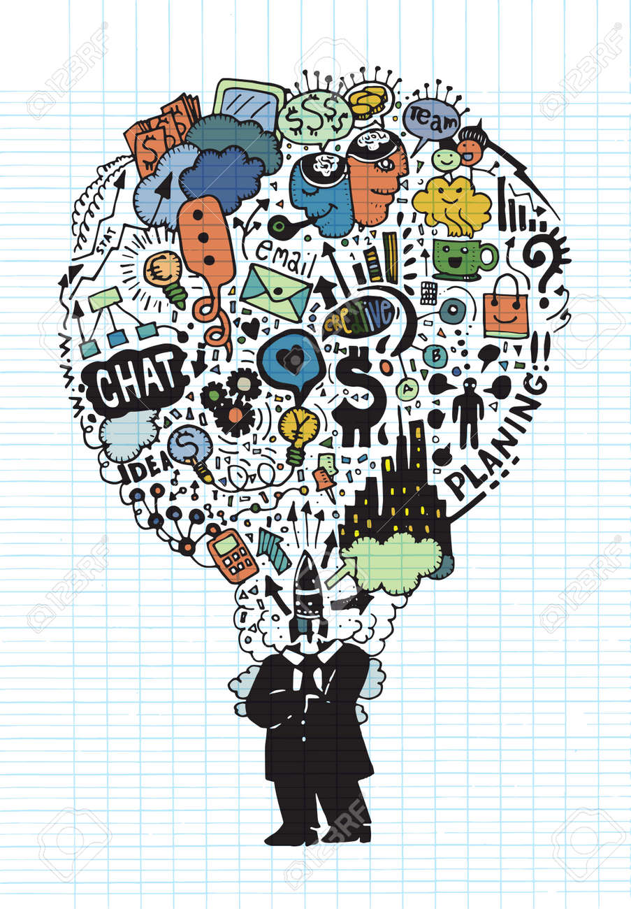 考える手描画のビジネス人 練習帳のシート上のスタイルの考えオーバーヘッドを落書き 学校に戻るベクトルの図 のイラスト素材 ベクタ Image