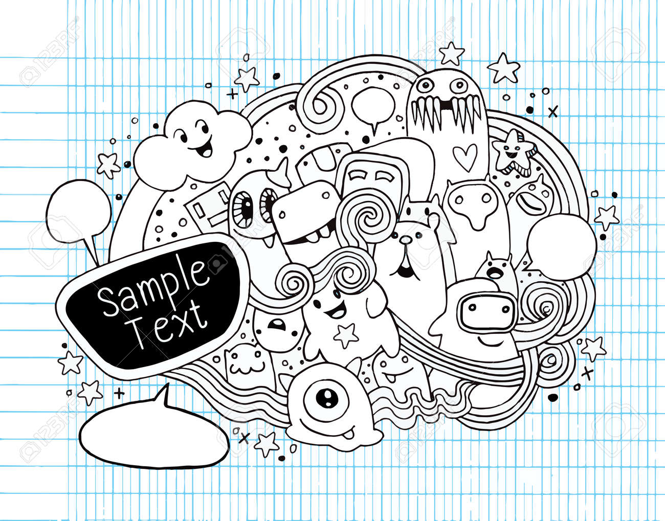 手の描かれたモンスターとかわいい外国人フレンドリーな漫画 落書きのスピーチの泡仕立て ベクトル コレクションのイラスト素材 ベクタ Image
