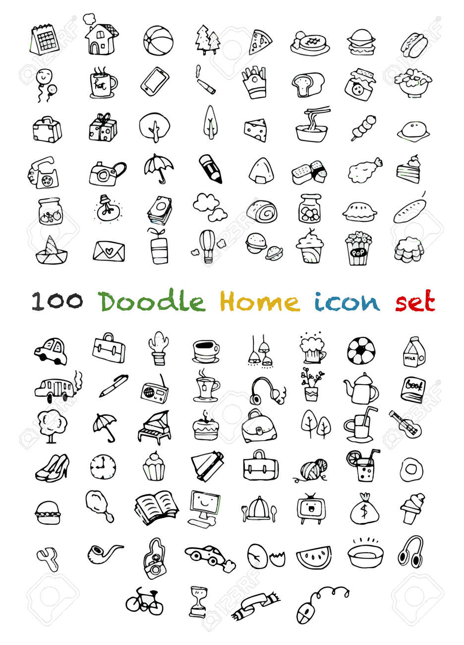 100 かわいい落書きアイコンの普遍的なセット 動物アイコン スポーツ アイコン 飲み物アイコン食べ物アイコン 音楽アイコン スクール セット ホーム設定 手描きの線のアイコンのセットです のイラスト素材 ベクタ Image 6006