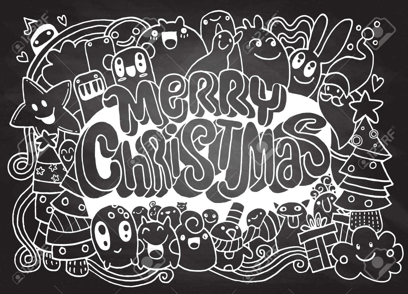 手図面の漫画のキャラクター メリークリスマス かわいいモンスター Doodle Doodles ベクトル イラスト ベクター クリスマス カード のイラスト素材 ベクタ Image