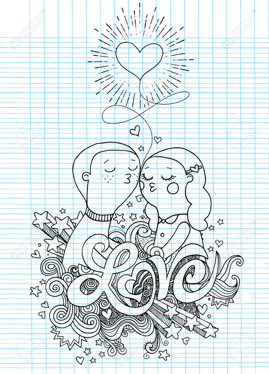 Doodle Lovers A Boy And A Girl Composition With Love Hand Lettering
