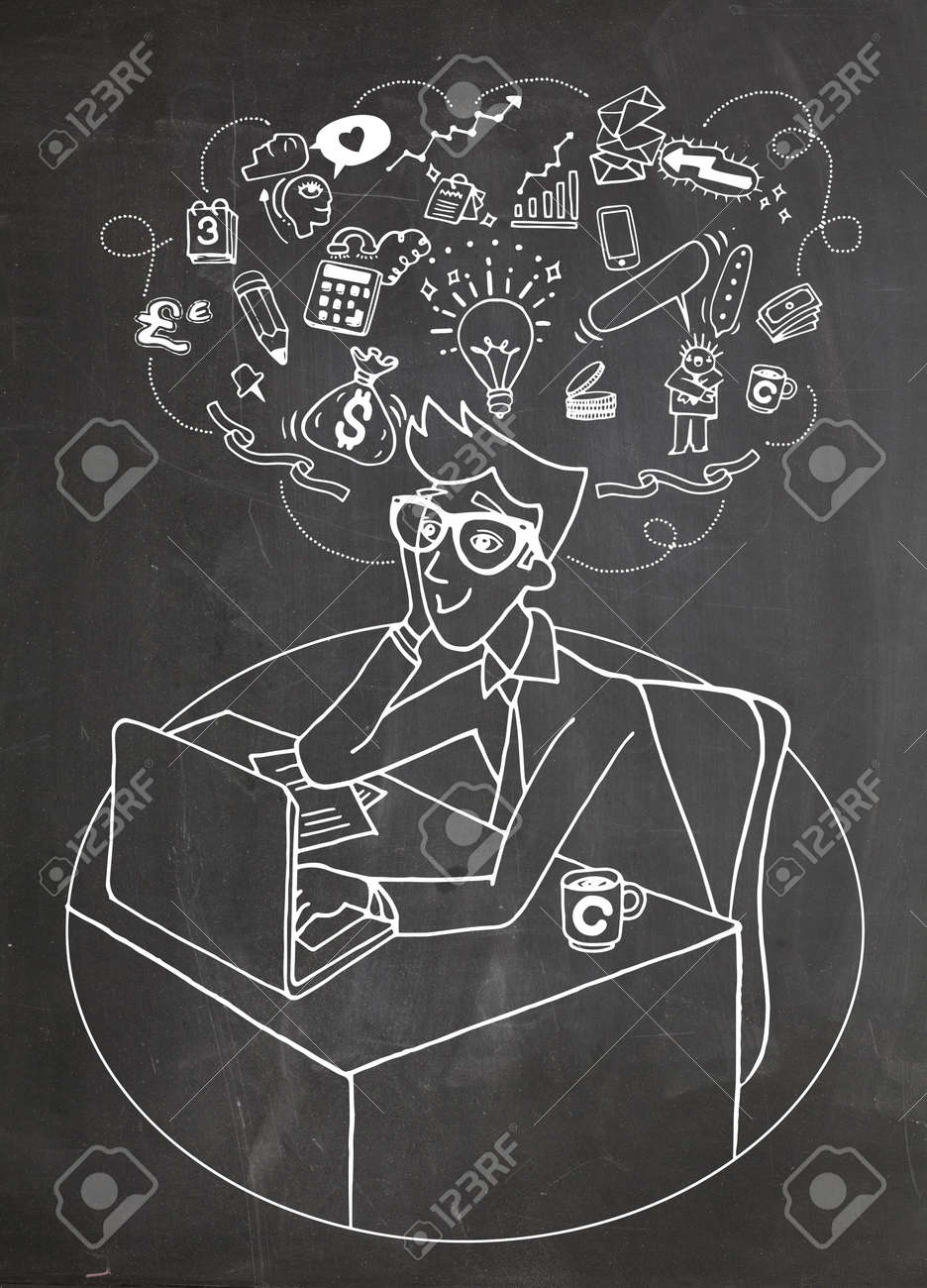 見上げると計画のオフィスで座っている落書き若いビジネスマンのベクトル イラスト グラフィック スケッチ スタイルの考えオーバーヘッドのイラスト素材 ベクタ Image